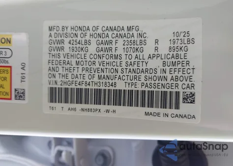 2026 Honda Civic Sport/Sport Touring from USA, damaged, VIN 2HGFE4F84TH318348